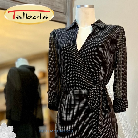 Talbots Dresses & Skirts - TALBOTS Dress 12 Black and White Polka Dot Long Faux Wrap 100% Silk Vintage EVC